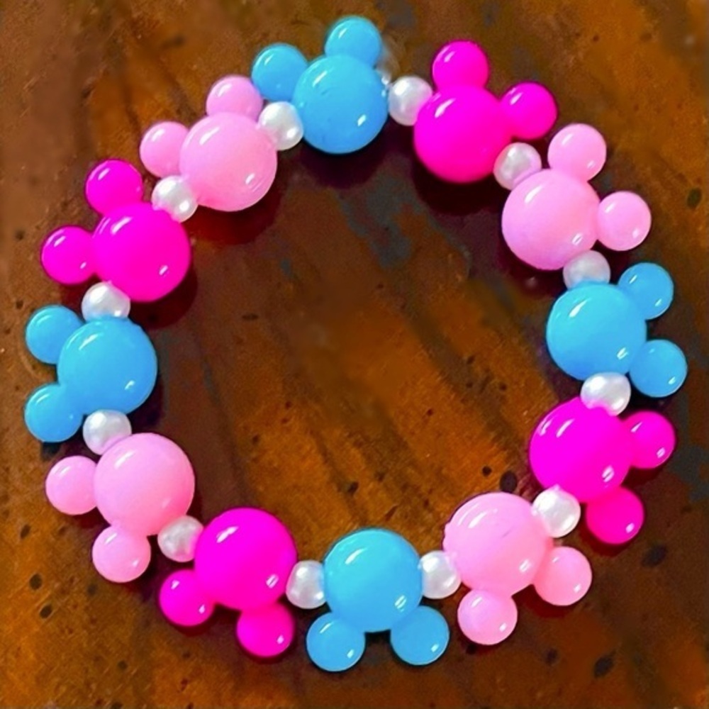 Stretch Bracelet w/ Pink & Turquoise Mickey Mouse Charms & Pearl Beads!